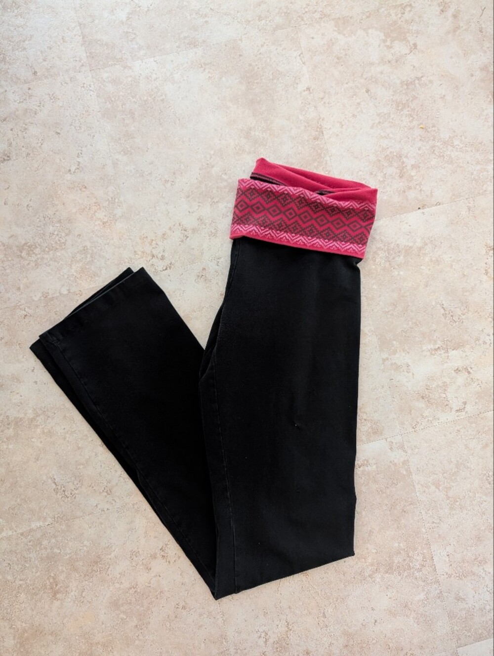 Victoria's Secret Foldover Black Leggings with Red Patterned Cuff